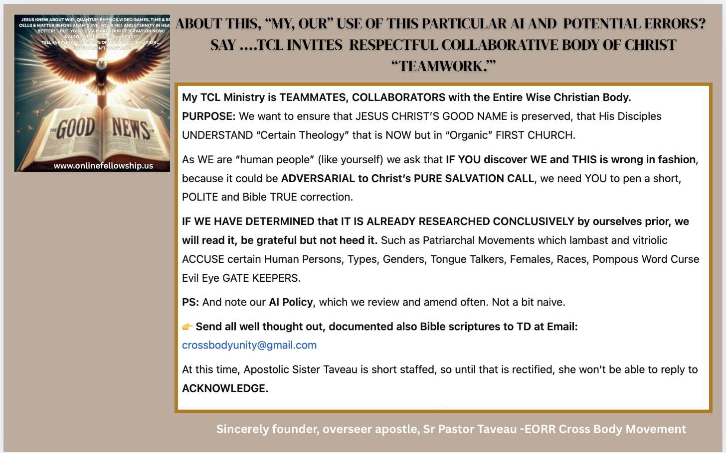  PURPOSE OF THIS MINISTRY AI + I  SITE